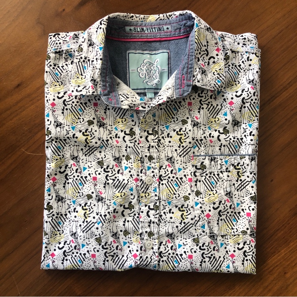 80s style Colourful Short Sleeve Button Up ✨ Good Vibes by Drill Slim Size L